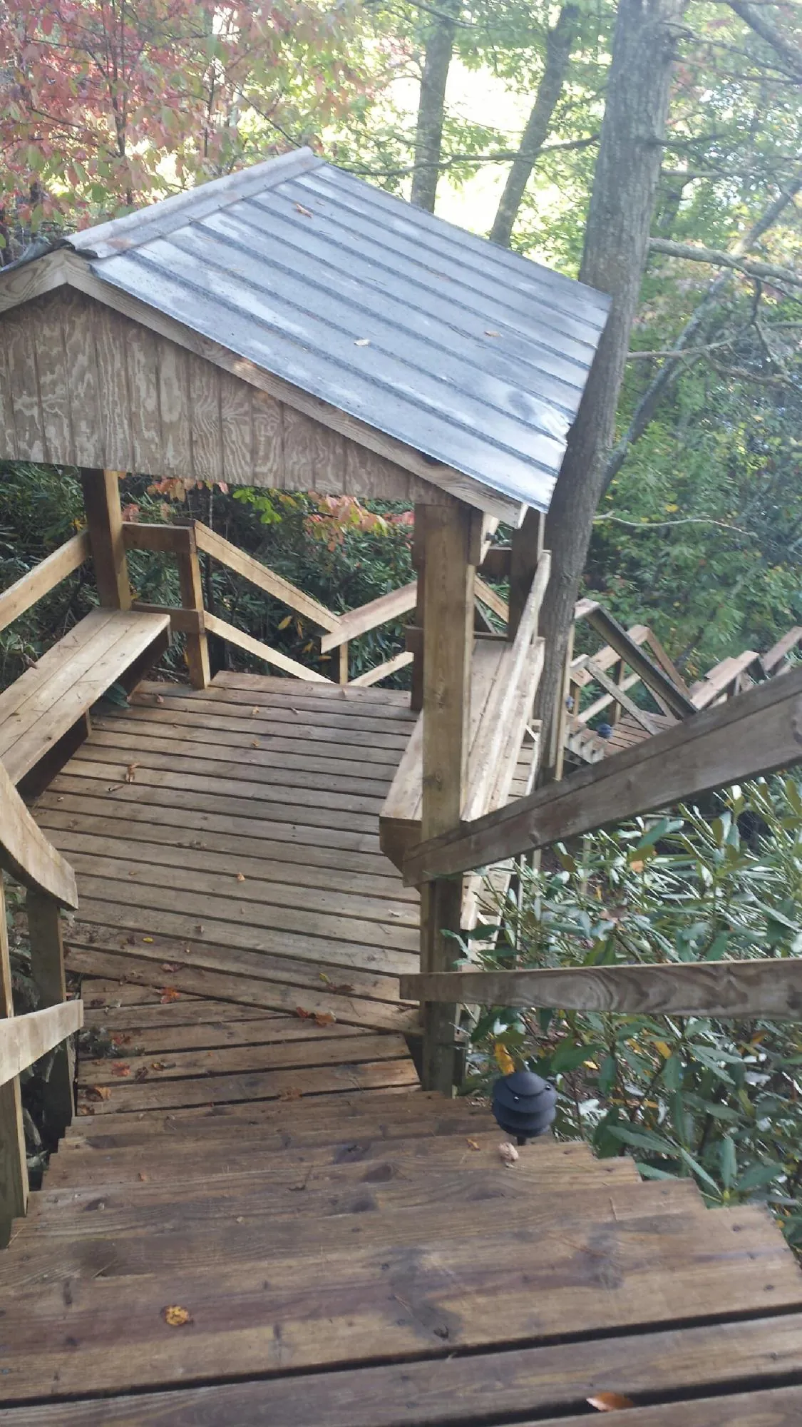 Metal roofed shelter over wooden steps on a wooded walkway — Skylight Repair & Installation work by our crew in Derwood